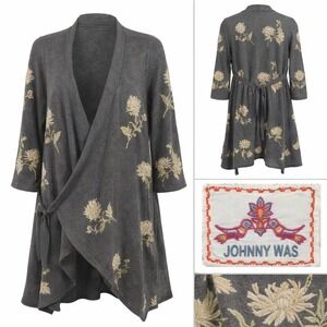 Johnny Was Biya Charcoal Grey Floral Embroidered Wrap Cardigan Sweater Boho S
